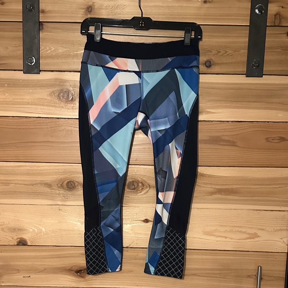 Athleta Blue Geometric Leggings, women’s size Small